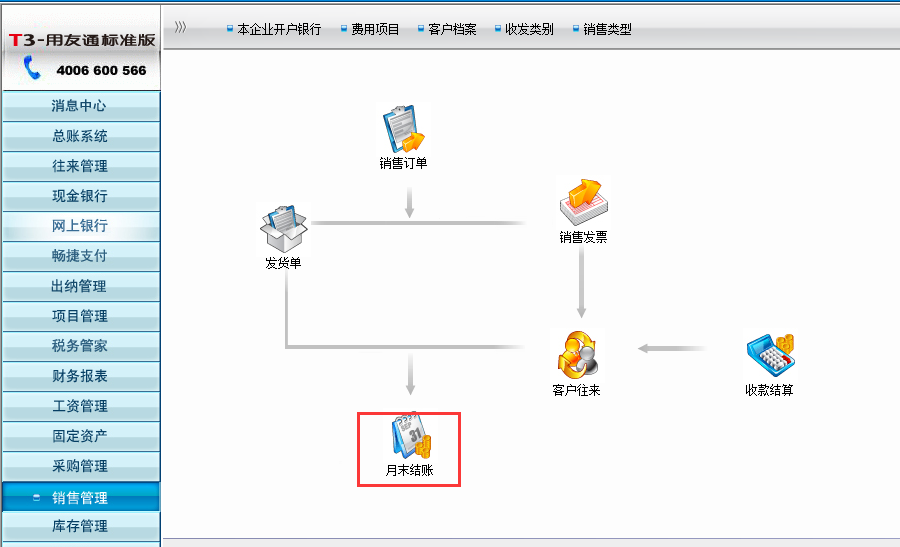 用友T3標準版銷售系統(tǒng)如何結賬